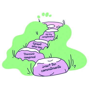 A winding path is depicted, lined with multiple stepping stones. Each stone is clearly visible and labeled with specific commitments made by team members, showcasing a variety of written phrases. Lush greenery surrounds the path, providing a vibrant backdrop. The stones vary subtly in size and shape, creating an inviting journey along the path. In the distance, a gentle curve suggests the path leads toward a serene destination.