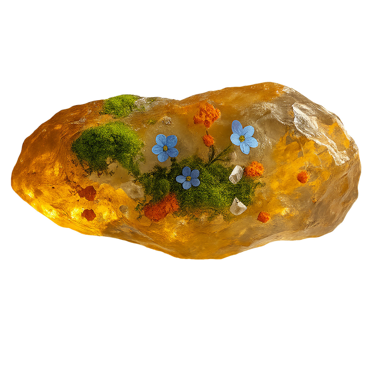Ilustración Golden quartz with embedded moss and flowers, Nature-inspired decoration en estilo Biomorphic a descargar en PNG y SVG