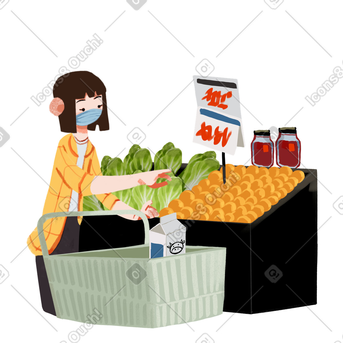 Ragazza con la mascherina al supermercato illustrazione in stile Ikigai scarica in PNG, SVG