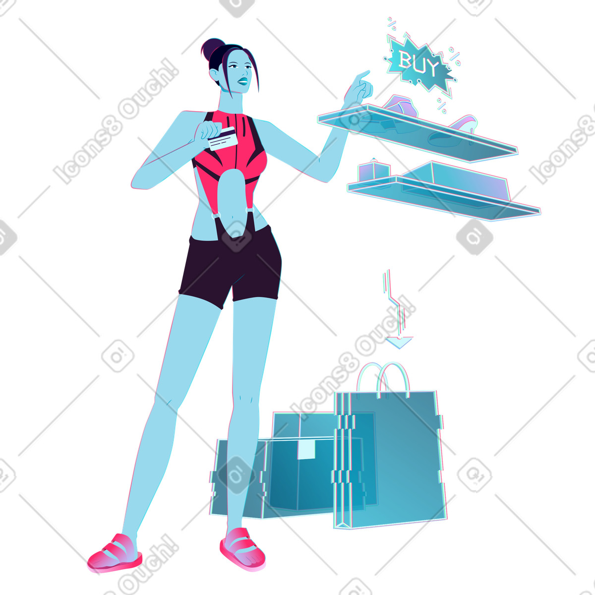 Ilustração de Customer selecting items on virtual shelves, Digital retail experience em no estilo Neon para baixar em PNG, SVG