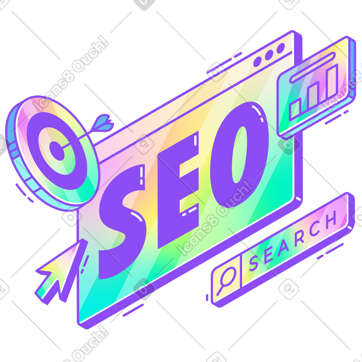 Ilustración Letras seo con objetivo, gráficos y texto de barra búsqueda en estilo Holographic a descargar en PNG SVG
