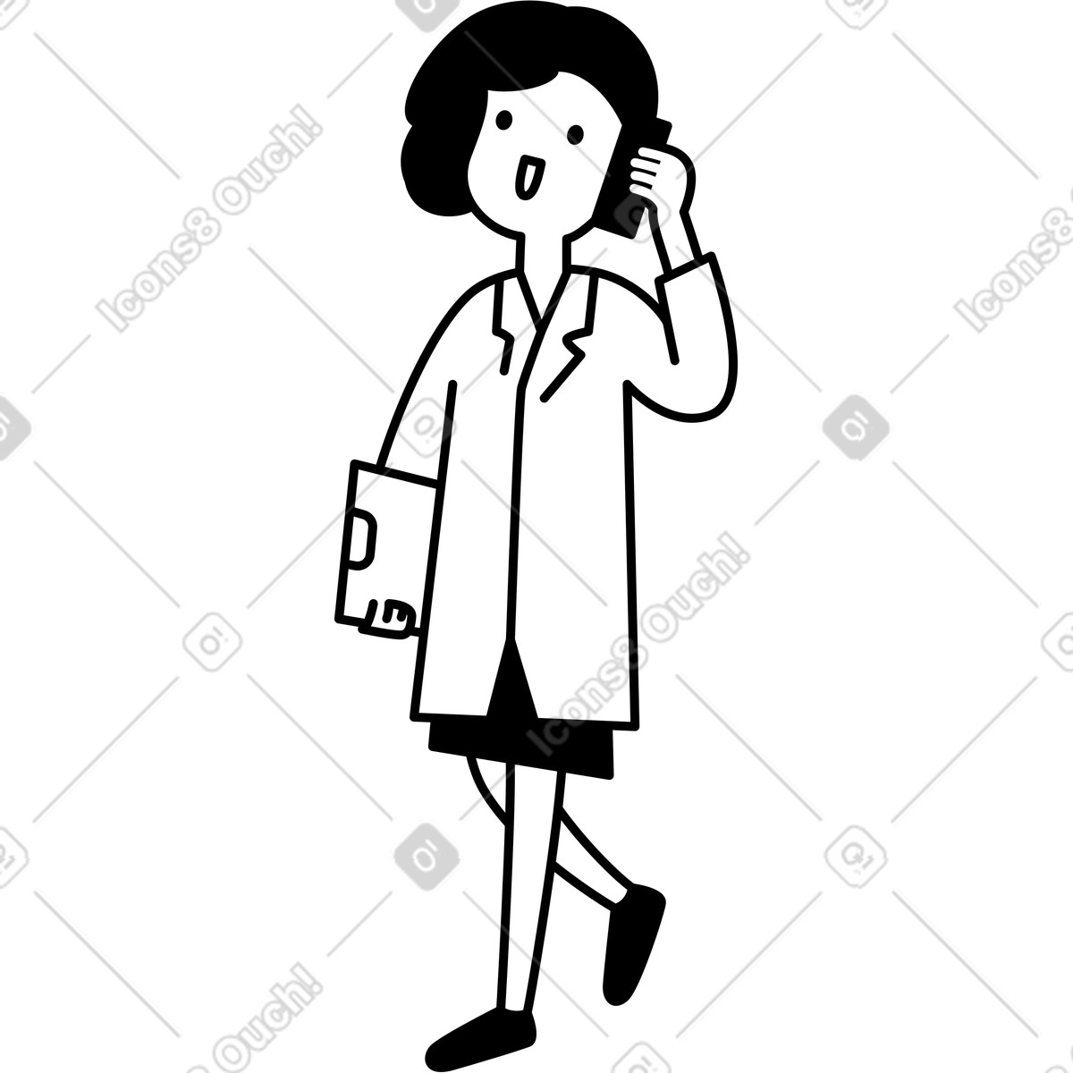 Ilustración Doctor in coat holding clipboard and walking while talking on phone en estilo Notion Line Art a descargar en PNG y SVG