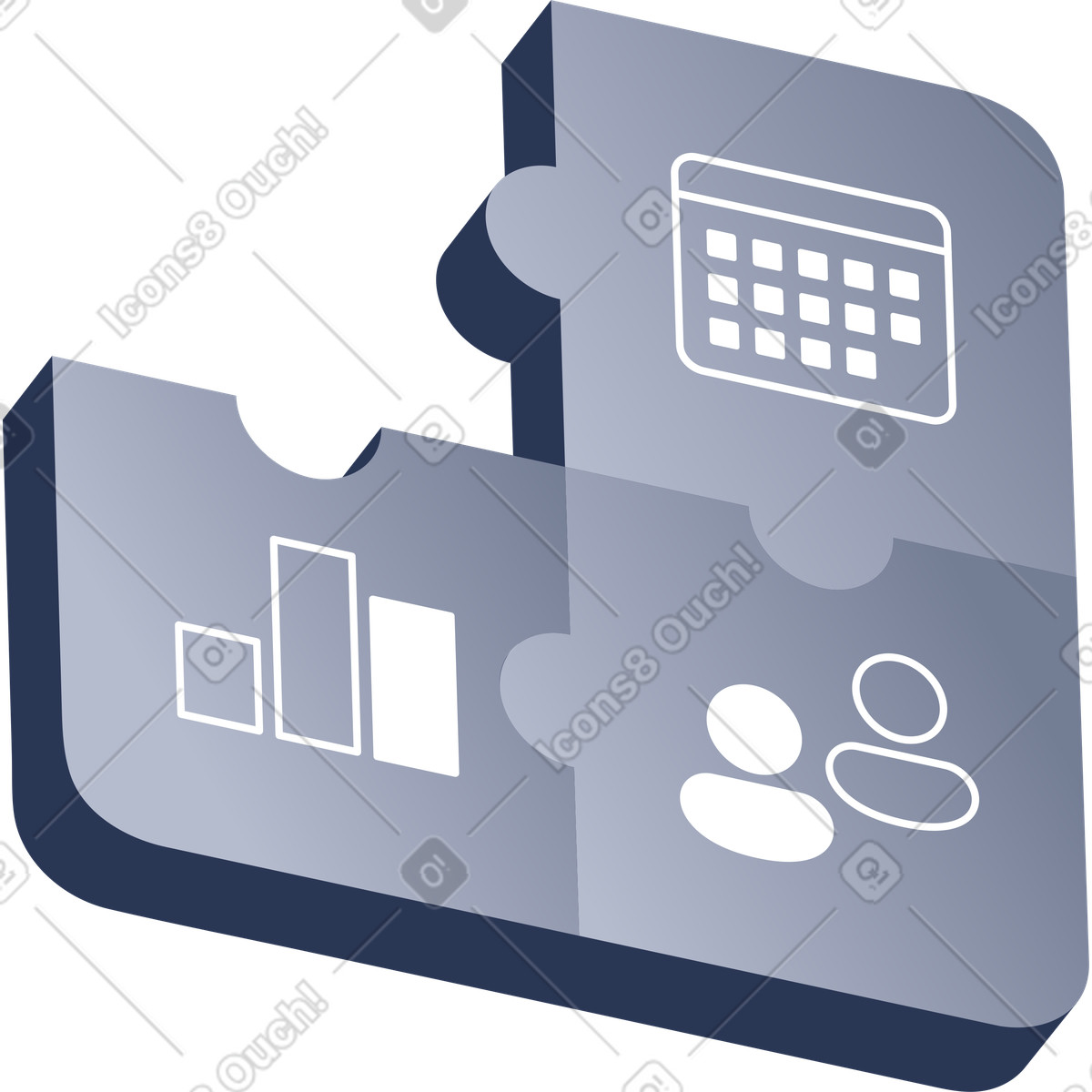 Puzzle pieces with calendar, diagram, user group icons illustration in Lucent style download in PNG, SVG