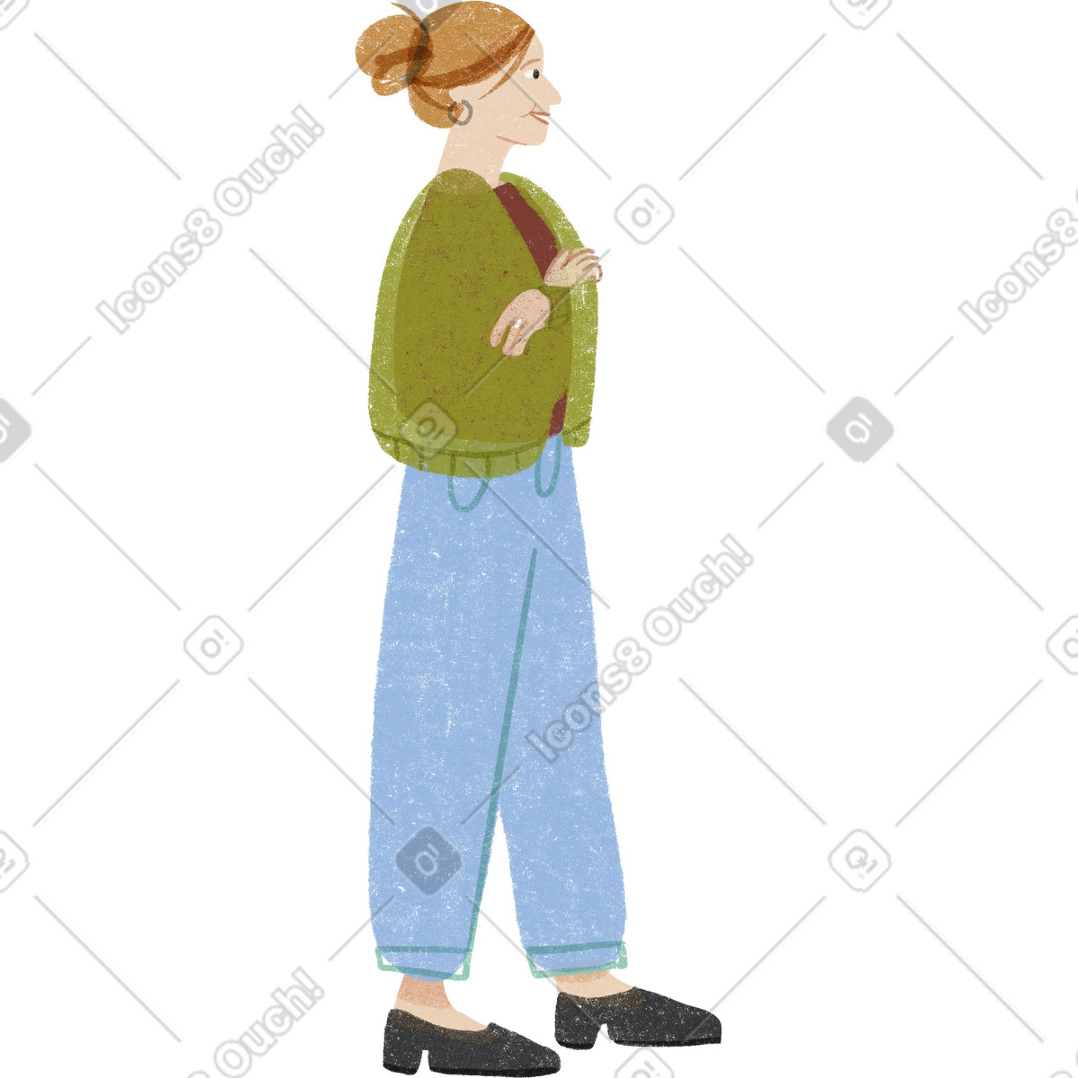 Ilustración Woman with a bun standing and happily talking en estilo Public descargar en PNG y SVG