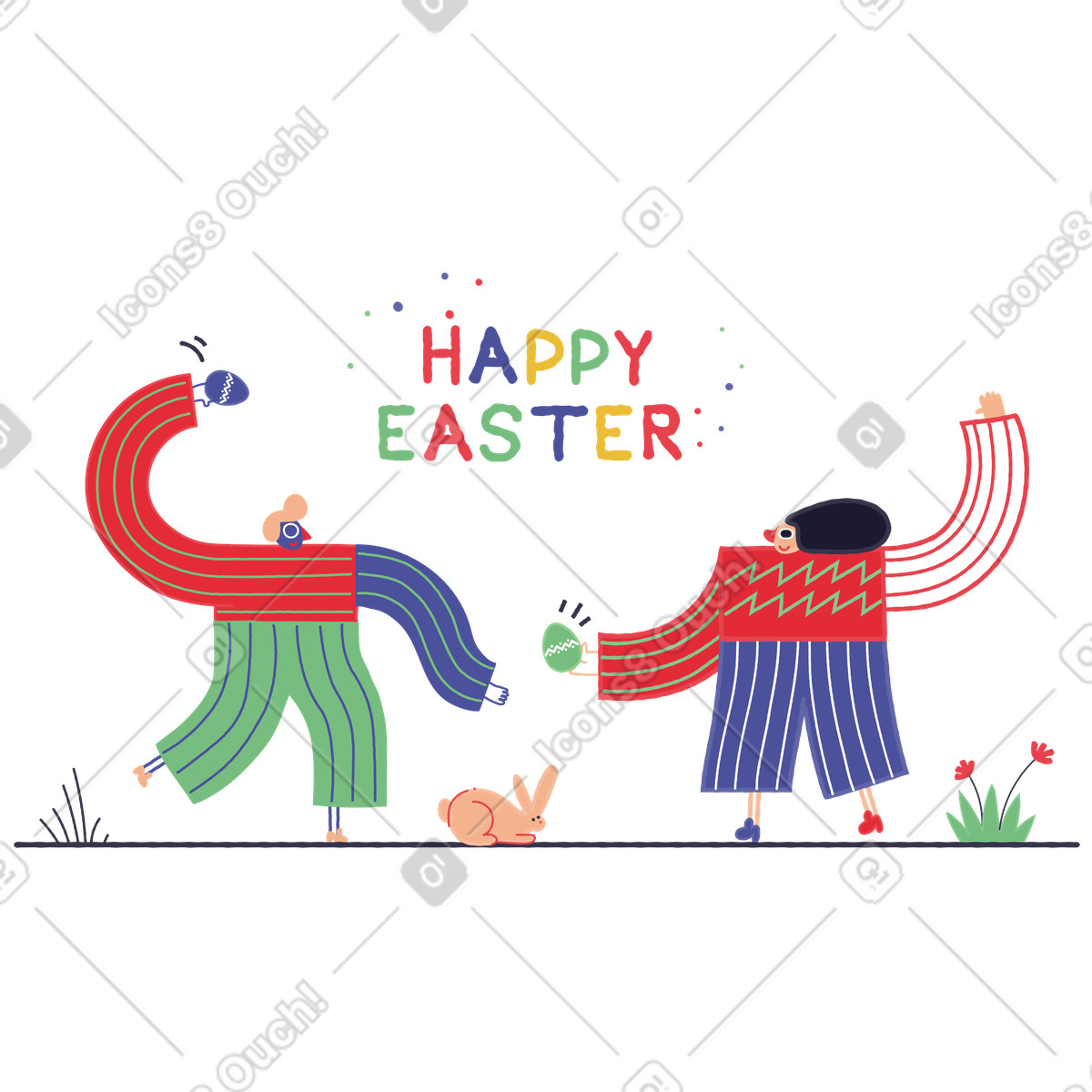 Mann und frau stehen mit eiern unter dem schriftzug „frohe ostern“-Illustration im Stripy-Stil als Download in PNG, SVG