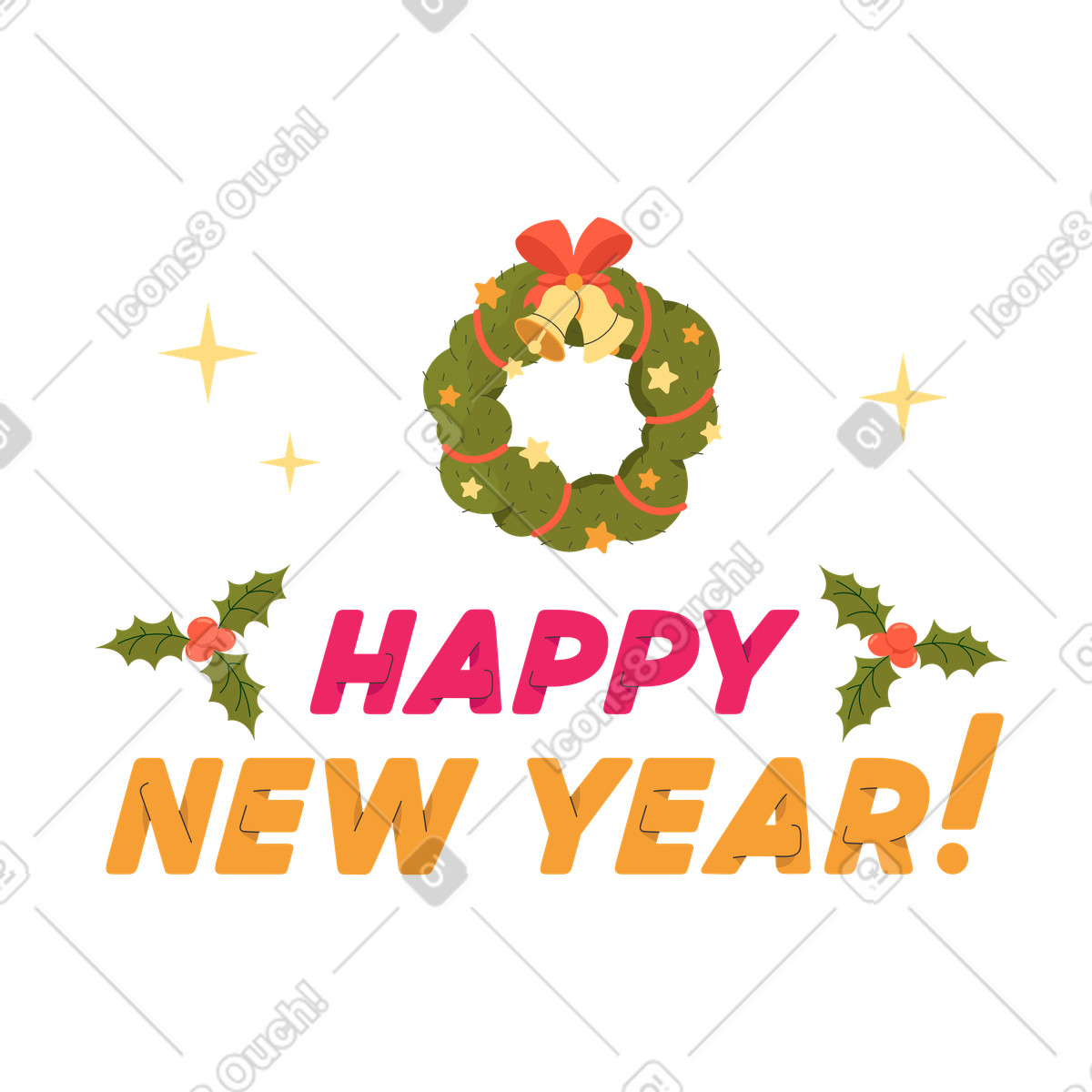 Ilustración Letras de feliz año nuevo bajo la corona navidad en estilo Dizzy a descargar en PNG y SVG
