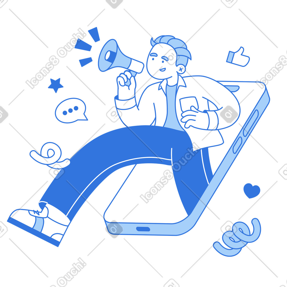 Influencer speaking into megaphone from phone, Viral campaign and promotion illustration in Sky style download in PNG, SVG