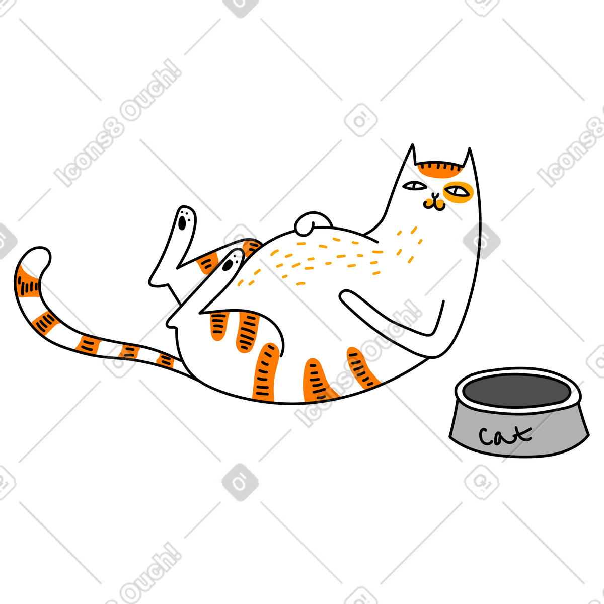 Voracious cat with an empty pet bowl illustration clipart in PNG SVG