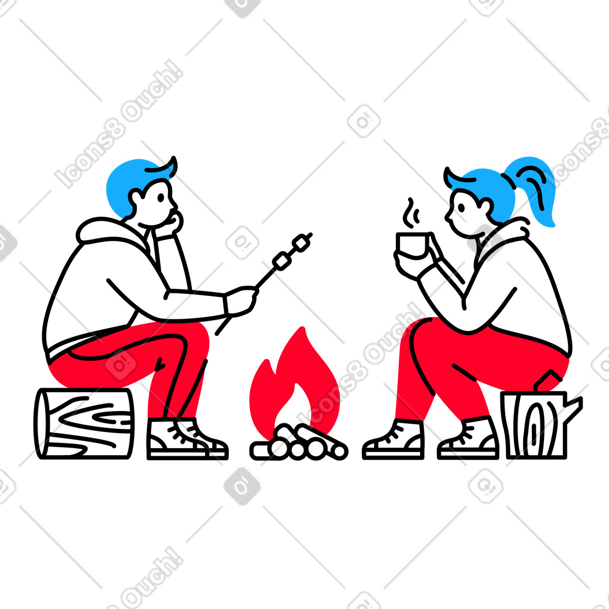Illustration Homme et femme assis autour d'un feu de camp dans le style Transistor à télécharger aux formats PNG, SVG