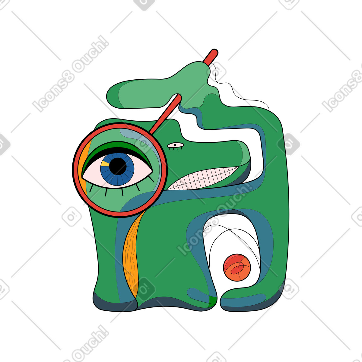 Surr スタイルの Surreal creature looking through magnifying glass, Search or exploration concept のイラストをPNG、SVG形式でダウンロード