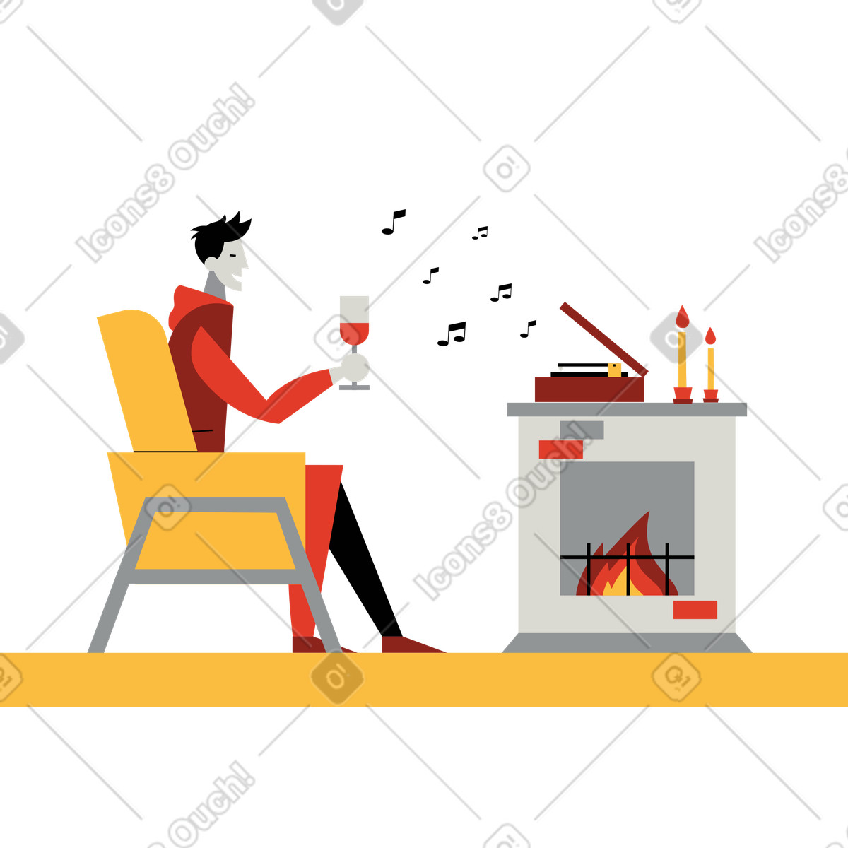 Ilustración Hombre pasando una tarde relajante con copa de vino y música. en estilo Burgundy a descargar en PNG SVG