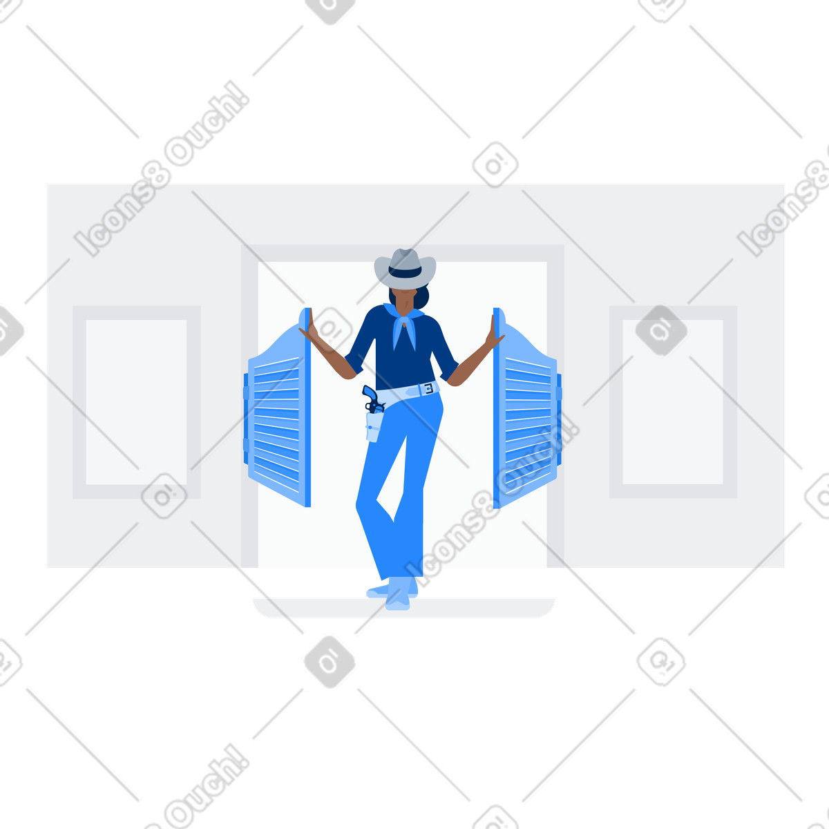Illustration Female gunslinger at saloon entrance, Secure access or account login concept dans le style Urban à télécharger aux formats PNG, SVG