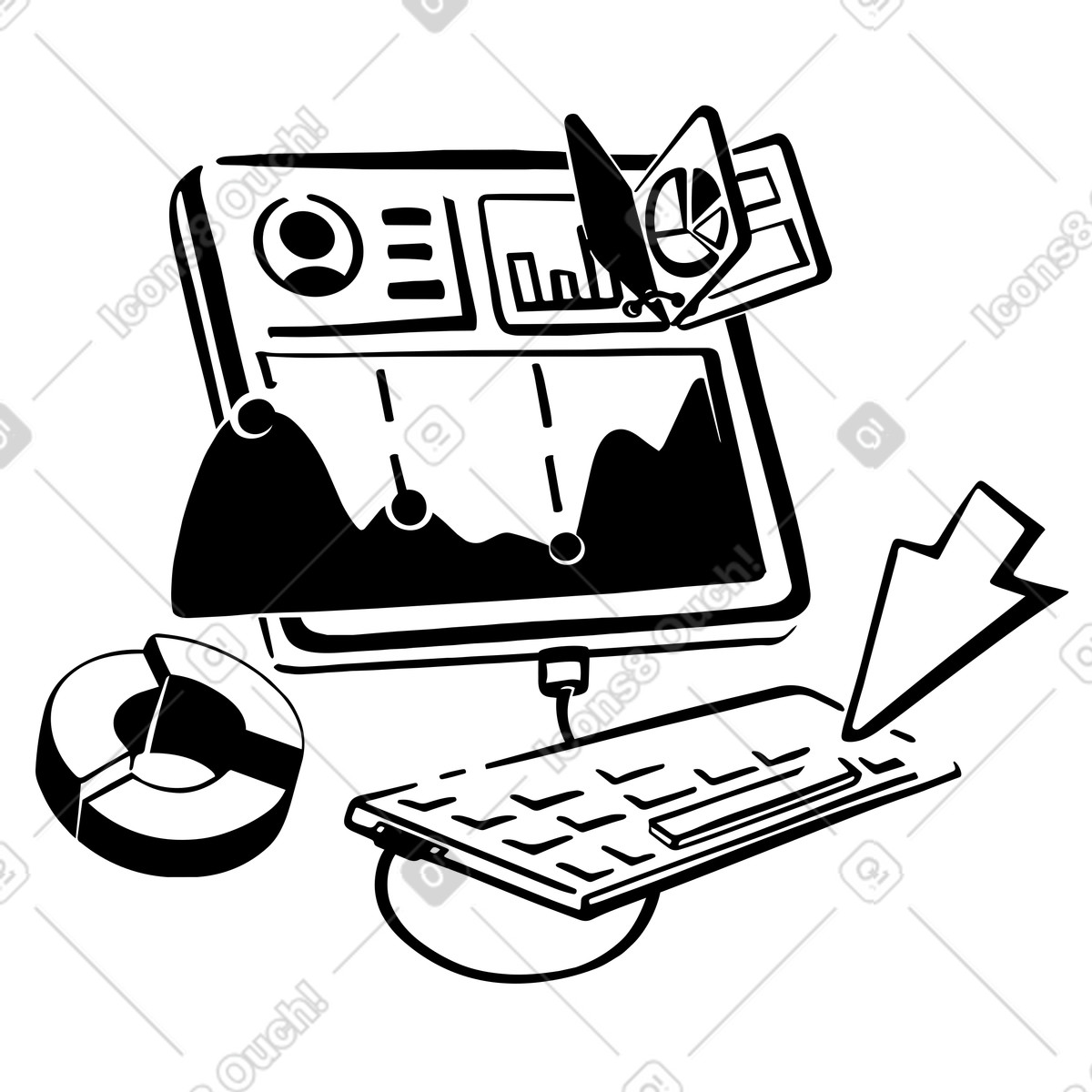 Business analytics dashboard on tablet with KPI tracking illustration in Line style download in PNG, SVG