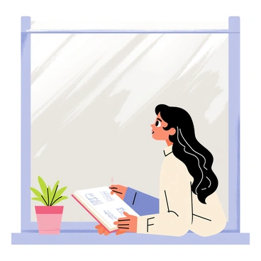 Martha Olivia is sitting by a large window, gazing outside. The window is streaked with raindrops, creating a blurred view of the gray sky and falling rain. She has a sketchbook resting on her lap, partially open, with visible pencil sketches on the pages. Martha has long, wavy hair and is wearing a cozy sweater. The soft light from the overcast sky illuminates her thoughtful expression as she watches the rain fall. A small, potted plant sits on the windowsill, adding a touch of greenery to the scene.