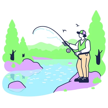 An angler is standing on the bank of a tranquil river in the Maine wilderness. He is dressed in a green fishing vest and beige pants, holding a fishing rod with one hand while casting a line into the sparkling water. Around him, tall green trees frame the river, and a few rocks are scattered along the shore. The water reflects the greenery in its surface, creating a serene atmosphere. In the distance, gentle hills rise, covered in lush foliage. A few birds can be seen flying overhead.
