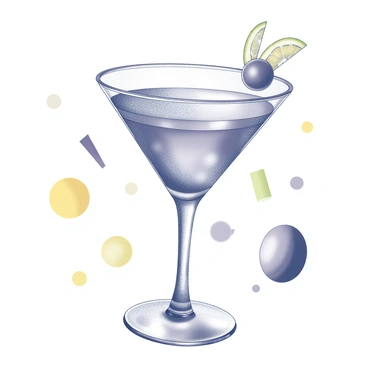 A close-up of a coupe glass filled with a cocktail. The glass has a delicate stem and a wide bowl. The cocktail itself has layers and is garnished with a twist of citrus peel. The background features various vibrant shapes and patterns that create a lively atmosphere.