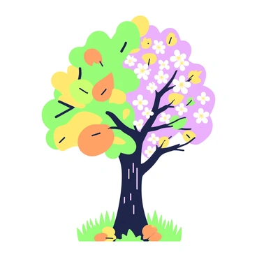 A single tree stands tall in the center of the image. Its trunk is sturdy and textured, emphasizing its age. One side of the tree is adorned with vibrant autumn leaves that display a mix of shapes and sizes, creating a rich tapestry of green, yellow, and orange foliage. The leaves are in varying stages of color change, some fully turned while others are just beginning to shift. The opposite side of the tree exhibits delicate spring blossoms; soft petals in full bloom create clusters that are light and airy. The blossoms contrast with the autumn leaves, adding a sense of seasonal transformation. The ground around the tree is dotted with fallen leaves from the autumn side, while the spring side has fresh green grass peeking through.