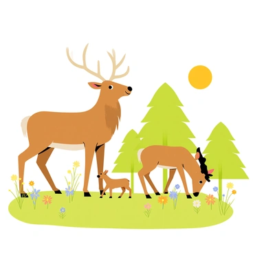 A family of elk consisting of a large male with impressive antlers, a female, and a calf are grazing on green grass in a sunlit meadow. The male elk stands tall, showcasing its antlers, while the female is gently nibbling on the grass nearby. The calf, smaller in size, playfully frolics between its parents. Bright wildflowers of various colors dot the meadow, and trees line the edge, providing a serene backdrop to the scene. The sun casts warm light across the meadow, illuminating the elk and creating soft shadows on the ground.