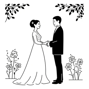 A married couple standing face to face in a flower-filled garden, both dressed elegantly for their wedding ceremony. The bride is wearing a flowing gown with intricate lace detailing, while the groom is in a tailored suit with a crisp shirt and tie. Surrounding them are various types of flowers in full bloom, creating a lush and vibrant backdrop. The couple is holding hands, with a soft smile on their faces, as they exchange their vows. The sun filters through the leaves of nearby trees, casting gentle shadows on the ground.
