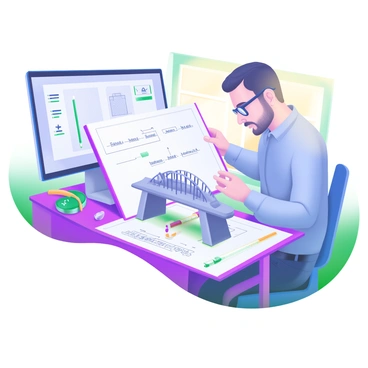 A modern pastel illustration of an engineer focused on a model bridge at a drafting table. The engineer, wearing glasses and a blue shirt, is intently examining a set of structural formulas displayed on a page. The drafting table holds blueprints and a small, detailed scale model of a bridge in the center. Surrounding the table are drafting tools, including a ruler, a compass, and pencils. A computer monitor in the background shows additional calculations and design elements. Sunlight streams in through a nearby window, illuminating the workspace.
