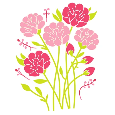 A collection of stylized carnations in various shades of pink and red, featuring elegantly swirling petals and intricate leaf designs. The flowers are surrounded by ornate patterns of flowing vines and decorative flourishes, creating a vibrant and harmonious composition. The background is a soft cream color, enhancing the vividness of the flowers and patterns.