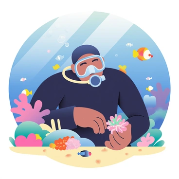 A diver with medium skin is underwater, focused on planting new corals in a vibrant coral reef. The diver is wearing a black wetsuit and a clear face mask, with bubbles escaping from their regulator. Surrounding the diver, various species of colorful fish swim among the corals. In the diver's hand is a small bundle of corals being carefully placed into the sandy sea floor. Sunlight filters down from the surface, creating a dappled light effect on the corals and the sandy bottom. In the background, healthy coral formations in shades of pink and blue are visible.