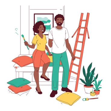 An African American couple is standing in their new home, surrounded by various home decor items. The woman is holding a teal paintbrush, her other hand resting on her hip as she smiles brightly at her partner. The man is standing next to a white wall, with an orange ladder propped against it, reaching up to hang a framed picture. Various colorful cushions and throws are scattered around the room, and several potted plants are placed on the floor, adding a lively touch. The couple's expressions radiate joy and excitement as they share creative ideas for decorating their space together.