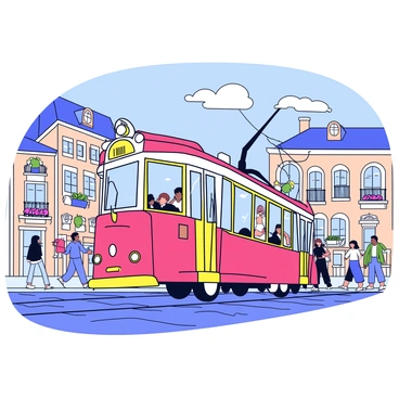 A vintage tram with a bright red exterior, featuring gold detailing and large windows, is traveling along cobblestone streets. The tram is depicted in motion, with one of its wheels slightly lifted off the ground, suggesting speed. Surrounding the tram are charming old buildings with ornate facades and small balconies adorned with flower boxes. People can be seen walking along the sidewalks, some admiring the tram, while others are engaged in conversation. A blue sky with a few fluffy clouds is visible above the scene.