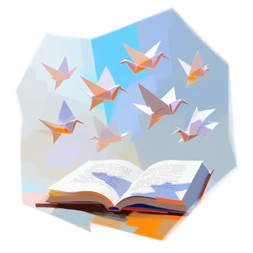 A flock of origami birds taking flight, each bird intricately folded from a different page of a story. The birds are in various sizes and shapes, showcasing detailed creases and patterns that reflect the text printed on the pages. They are soaring into a clear blue sky, with a few birds catching the light, creating a contrasting display of shadows and highlights. Below, a gentle landscape can be seen, adding depth to the scene as the birds ascend into the air, creating a dynamic sense of movement.