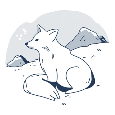 A white arctic fox sits quietly in a snowy landscape, its fur nearly blending with the soft white snow surrounding it. The fox has bright, alert eyes focused intently on its surroundings, with ears perked up, ready to catch any sound. Snow-covered hills rise gently in the background, and small patches of grey rocks peek through the snow. Fluffy snowflakes are drifting lazily from the grey sky above, adding to the serene winter atmosphere.
