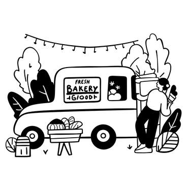 An artist with a paintbrush is captured in the act of painting a bakery truck. The bakery truck is adorned with hand-painted signage displaying "Fresh Baked Goods." Surrounding the truck are wooden tables displaying various baked goods, including loaves of bread and pastries. The outdoor location features lush greenery, with a few trees casting soft shadows. There are small decorative strings of lights overhead, adding to the cozy atmosphere. A few scattered chairs are placed around the tables, inviting people to sit and enjoy the baked offerings.