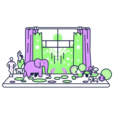 A display of colorful lacquerware toys and artifacts from Sawantwadi is arranged on a wooden table. In the center, there is a large, intricately designed lacquered box featuring traditional patterns. Beside it, a collection of small toys shaped like animals, including a purple elephant and a green peacock, are positioned closely together. A few decorative plates with detailed designs rest on the table, while a small figurine of a dancer stands elegantly at one end. The background is filled with vibrant fabric drapes that frame the display, enhancing the overall aesthetic.