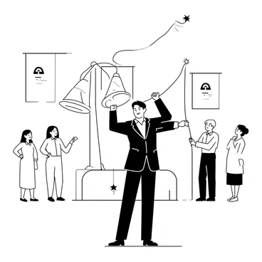 A business leader stands confidently in front of a large bell, gripping the bell's rope with both hands. The bell is prominently displayed on a sturdy platform, surrounded by a group of people, including employees and investors, who are watching in anticipation. The business leader is wearing a tailored suit and has a determined expression on their face, signaling the significance of the moment. In the background, banners and signage display the company logo, emphasizing the celebratory atmosphere of the IPO trading launch.