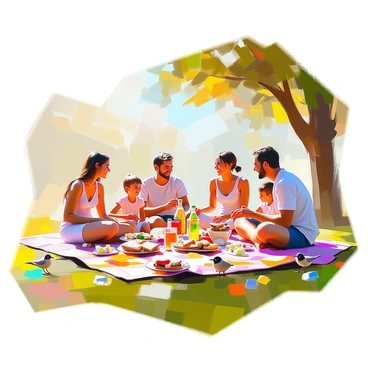 A group of people enjoying a picnic in a sunny park. There are brightly colored blankets spread out on the grass, and a variety of foods such as sandwiches, fruits, and snacks are laid out. Several adults and children are seated, laughing and sharing stories. Scattered around the picnic area, there are remnants of their meal including empty wrappers, plastic bottles, and paper plates. Trees provide shade in the background, and a few birds can be seen pecking at the food scraps left on the ground.