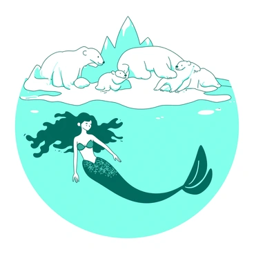 A teal mermaid with flowing hair is swimming gracefully in the frigid waters of the Arctic. She is surrounded by snowy ice caps that rise above the surface, their sharp edges contrasting with the water. In the background, there are several white polar bears lounging on a large ice floe, some of them playfully interacting with each other. The mermaid's iridescent tail glimmers beneath the water, reflecting the cool tones of the Arctic environment.