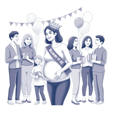 A woman who is visibly pregnant is wearing an ornate crown and a decorative sash that reads "Mommy to Be." She is standing in the center of a group of friends and family, all of whom are positioned around her with joyful expressions. The friends and family members are holding colorful balloons and gifts, enhancing the celebratory atmosphere. The setting appears to be decorated for a baby shower, with streamers and banners in the background, creating a festive scene.