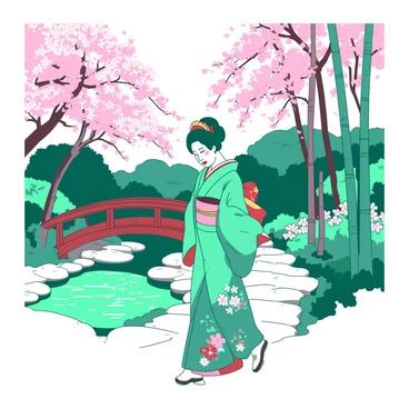 A teal geisha in a vibrant kimono is gracefully walking along a stone path in a lush Japanese garden. The kimono features intricate patterns and colorful details, accentuating the elegance of the geisha. Surrounding her are tall bamboo stalks and blooming cherry blossom trees, their pink petals gently falling to the ground. In the background, there is a small tranquil pond reflecting the greenery and a traditional wooden bridge arching over it. A soft breeze rustles the leaves, adding movement to the serene setting.