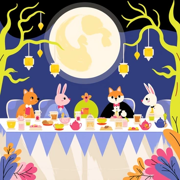 A whimsical tea party set under a large, glowing moon. The scene features a long, elegantly decorated table with a vibrant tablecloth and an assortment of colorful teapots and teacups. Floating lanterns in various shapes and sizes illuminate the surroundings, casting a warm, inviting light. Cheerful guests, including a rabbit in a waistcoat and a fox in a bow tie, are seated around the table, enjoying their tea and pastries. Surrounding the table are whimsical trees with twisting branches, and colorful flowers bloom nearby, adding to the enchanting atmosphere.
