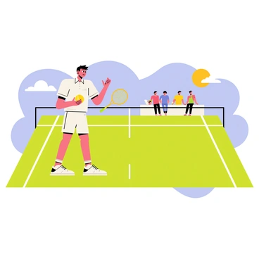 A tennis player wearing a white sports outfit is standing on a bright green court. The player has a focused expression, with one hand holding a yellow tennis ball and the other gripping a racket, poised to serve. The sun shines down from a clear blue sky, casting shadows on the court. Surrounding the area are white boundary lines and a net stretching across the middle of the court. In the background, there are a few spectators sitting in bleachers, watching the match.