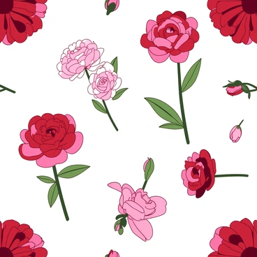 A seamless pattern featuring ranunculus flowers in different sizes and orientations. The flowers display multiple layers of delicate petals, showcasing shades of color ranging from deep red to soft pink. Each ranunculus has a green stem and leaves that vary in position, creating depth in the composition. The light background enhances the vibrancy of the flowers, allowing their intricate details and colors to stand out clearly.