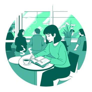 A teal person with short hair is sitting at a small round table in a busy café. The person is focused on a white book with the title "Seneca" visible on the cover. Surrounding the table, there are blurred figures of patrons chatting, and steaming cups of coffee are placed on nearby tables. The café has large windows letting in bright light, and there are potted plants adding a touch of greenery to the scene. The person is wearing a casual outfit, and their expression is one of deep concentration as they read.