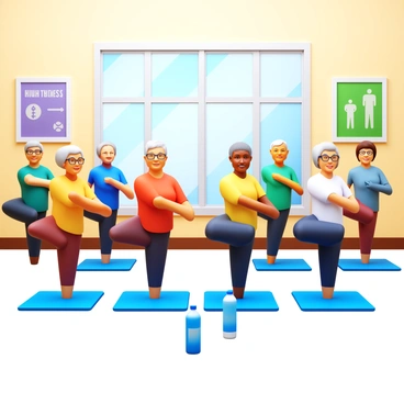 A group of seniors engaging in a gentle exercise session in a community center. The class consists of diverse individuals with varying hair colors, some wearing glasses, all dressed in comfortable workout clothing. They are performing gentle high knees, raising their knees to waist height while smiling and interacting with one another. The background features large windows letting in natural light and colorful posters on the walls promoting health and wellness. In the center of the room, there are exercise mats laid out and a few water bottles nearby.
