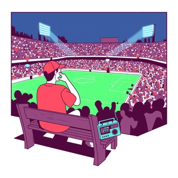 A large stadium filled with cheering fans under bright stadium lights during a night sports game. On the edge of the stadium, there is a single fan sitting on a wooden bench, holding a teal radio close to his ear, intently listening to the game commentary. The fan is wearing a red jersey and a matching cap, looking excited yet a bit lonely as he gazes towards the stadium, where the vibrant colors of the game create a lively atmosphere. The crowd's energy contrasts with the quiet scene of the single fan outside.