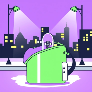 A skateboard bag is placed on the ground, partially open to reveal a skateboard inside. The bag is situated in an urban environment, illuminated by city lights. In the background, a skyline is visible with various skyscrapers silhouetted against the night sky. The scene is framed by a few street lamps casting light on the bag, creating shadows on the pavement. The overall setting conveys a vibrant city atmosphere, highlighting the contrast between the bag and the bright lights of the city.