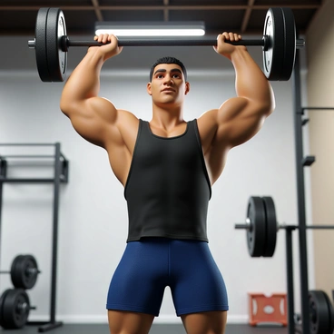 A weightlifter with a muscular build and short hair is hoisting a heavy barbell above their head. The individual is wearing a fitted black tank top and blue athletic shorts. Sweat is visible on their forehead, indicating intense effort. The gym setting includes various weightlifting equipment in the background, such as dumbbells and a squat rack. Bright overhead lights illuminate the scene, highlighting the weightlifter's determination and strength.