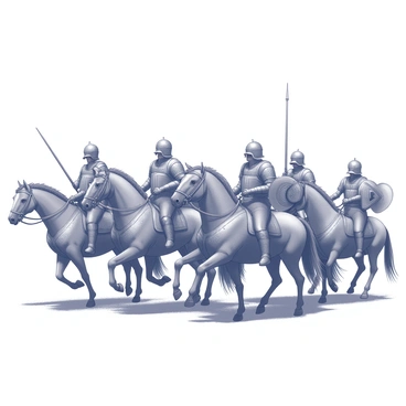 A group of ancient cavalry horses standing in a battle formation. Each horse is adorned with elaborate, decorative armor that covers their flanks and heads. The horses are powerful and muscular, showcasing their readiness for battle. Some horses are rearing up on their hind legs, displaying their strength and spirit, while others stand firmly on all fours, with tails raised high. Riders in traditional warrior attire are mounted on the horses, holding lances and shields, ready to charge. The background includes faint outlines of a distant landscape, suggesting a battlefield setting.