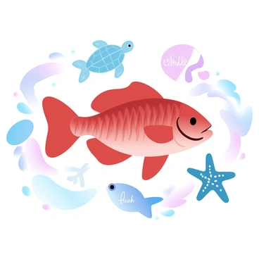 An infographic-style illustration featuring a detailed depiction of a red snapper, prominently displayed in the center. Surrounding the red snapper are several other marine species including a sea turtle, a clownfish, and a starfish, each labeled with their names. The background consists of a gradient of pastel colors representing the ocean, with subtle waves enhancing the marine theme. Each species is illustrated with distinct colors and patterns, highlighting their unique features.