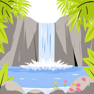 A hidden waterfall cascading down rocky cliffs into a crystal-clear pool below. The pool reflects the sunlight, creating sparkling highlights on the water's surface. Lush greenery surrounds the scene, with vibrant green ferns and tall trees framing the waterfall. Small rocks are scattered around the pool's edge, and a few colorful flowers peek through the foliage, adding touches of color to the tranquil setting.