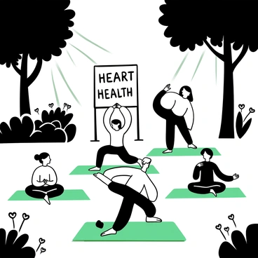 A group of individuals in various yoga poses, situated on green mats in a serene garden setting. The garden features well-maintained flower beds and lush trees providing shade. Some practitioners are performing poses like "Warrior" and "Tree," while others are seated in meditation. Near them, a sign displays the words "Heart Health" in bold lettering, surrounded by small heart symbols. Gentle rays of sunlight filter through the leaves, casting intricate shadows on the ground.