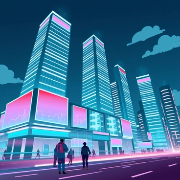A bustling city skyline at night, featuring towering skyscrapers with glass façades reflecting the bright lights around them. The buildings are adorned with a multitude of vibrant billboards displaying colorful advertisements. The sky is deep blue, dotted with a few scattered clouds, while the streets below are filled with moving vehicles, their headlights creating streaks of light. In the foreground, people are walking along the sidewalks, some stopping to look at the billboards, adding life to the scene. The overall atmosphere is lively and energetic, capturing the essence of a modern urban environment at night.